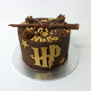 Pastel Harry Potter con barita y logo chocolate